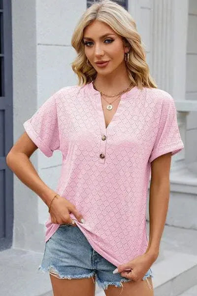Eyelet Notched Short Sleeve T-Shirt Women's T-Shirts - Tophatter Daily Deals